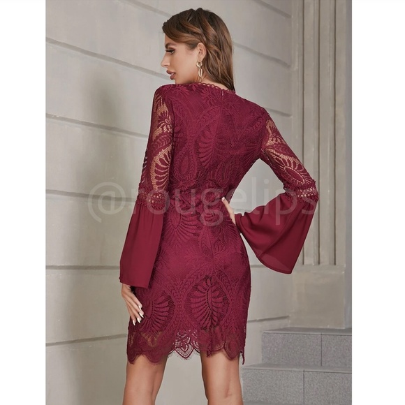 Burgundy Lace Detail Bell Sleeve Bohemian Mini Dress - Picture 4 of 13